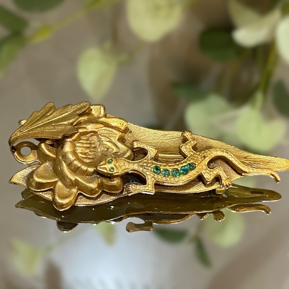 Antique C Clasp Victorian Lizard Gecko Salamander Brooch Green Paste Rhinestones - Picture 2 of 8